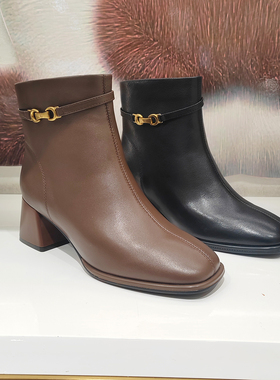 KISSCAT接吻猫女鞋2025冬新款粗跟舒适通勤侧拉链短靴 KA65788-10