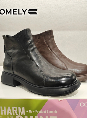 COMELY康莉女鞋2025冬季新款方跟舒适通勤保暖后拉链短靴KKF58829