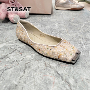 女平底水钻舒适百搭优雅SSE1111149 星期六2026春满钻方头芭蕾舞鞋