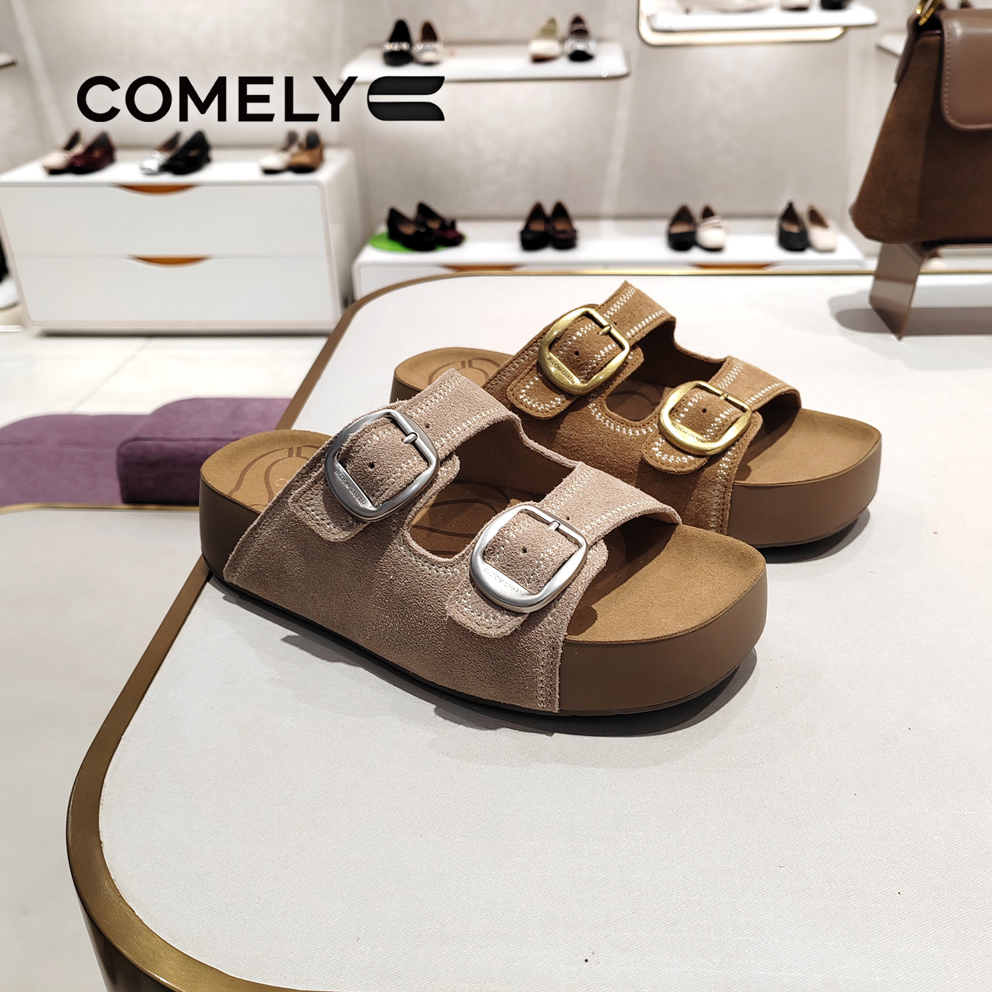 COMELY康莉女厚底一字拖鞋夏搭扣增高百搭外穿拖鞋商场款KJH63361
