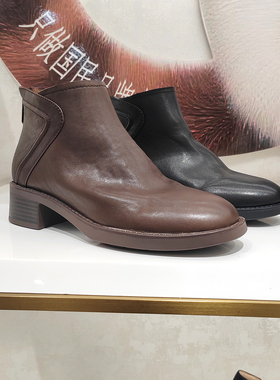 KISSCAT接吻猫女鞋2025冬季新款方跟舒适时尚真皮短靴 KA65701-50