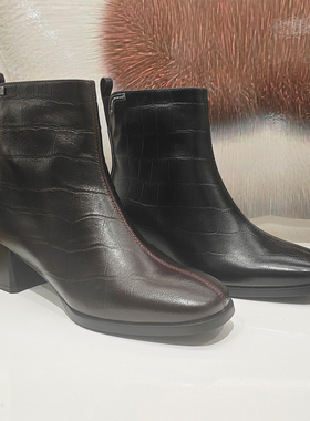 KISSCAT接吻猫女鞋2025冬新款粗跟方头百搭侧拉链短靴 KA65720-12