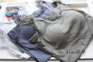 25新出口日单螺纹全棉薄罩杯一体免穿文胸打底蕾丝吊带背心女D13