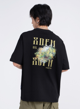 XDFM短袖T恤落叶树林字母胶印质感美式纯棉重磅oversize国潮男女