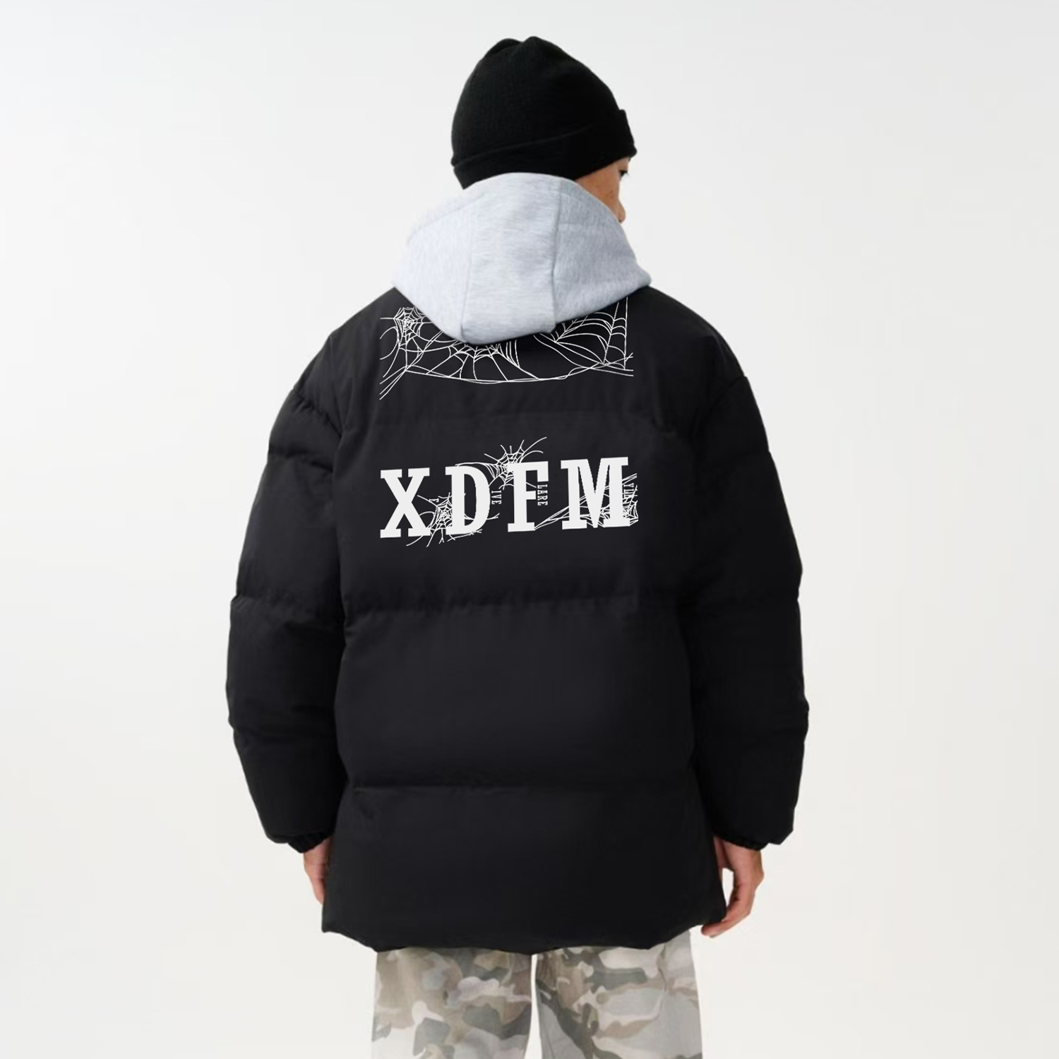 XDFM蜘蛛网字母假两件连帽棉服