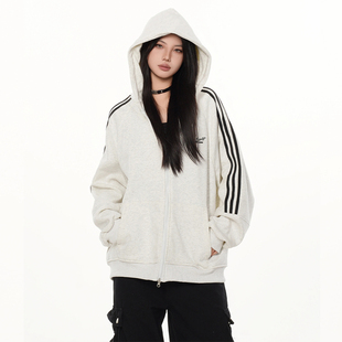 XDFM美式字母印花条纹双头拉链加绒开衫连帽卫衣套头加厚秋冬外套