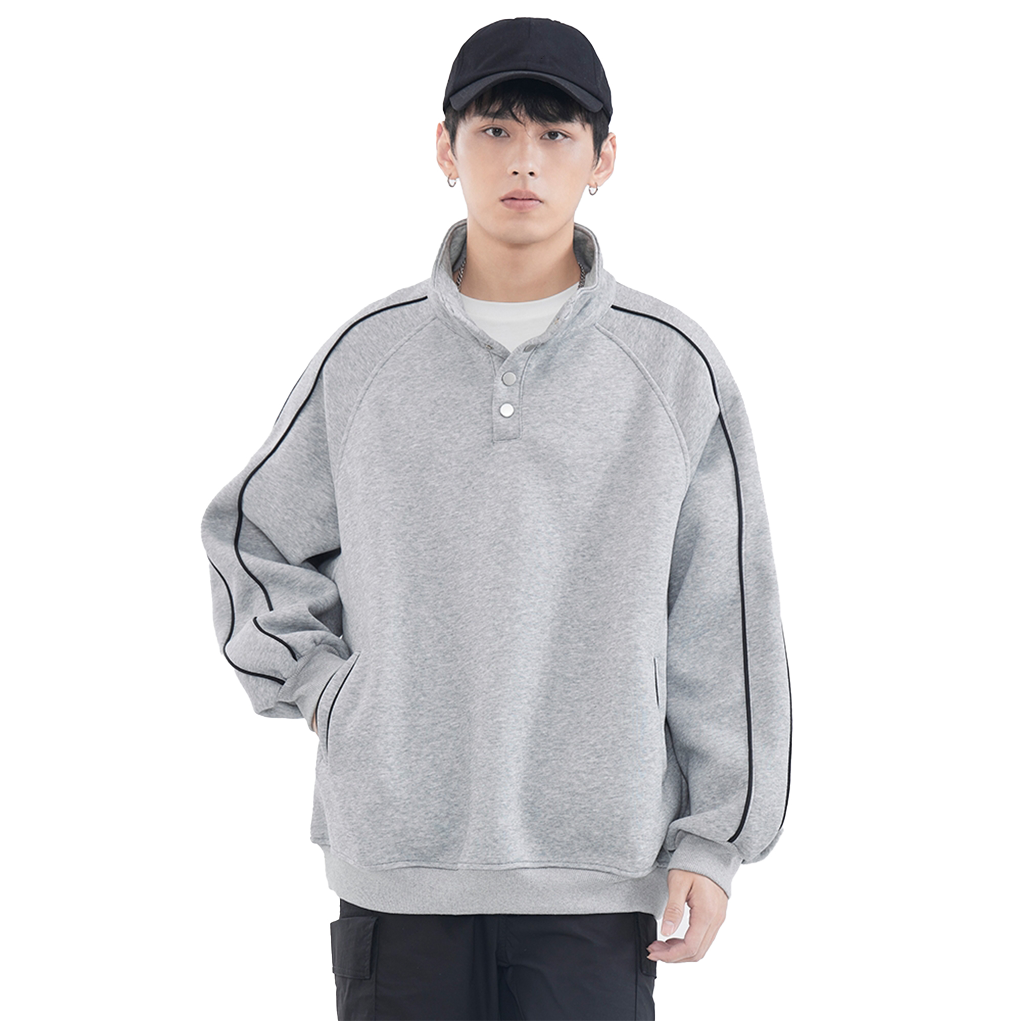 美式线条撞边半纽扣立领套头卫衣