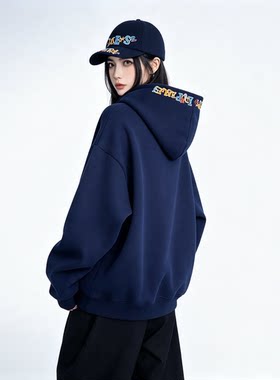 XDFM美式重磅刺绣连帽卫衣男女宽松oversize重磅帽衫复古百搭外套