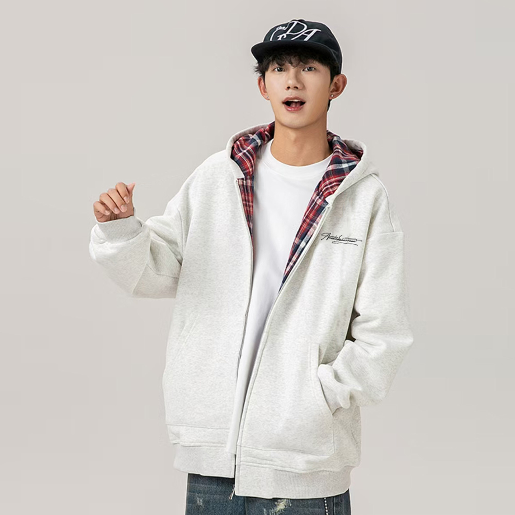 XDFMAB签字格子开衫连帽卫衣