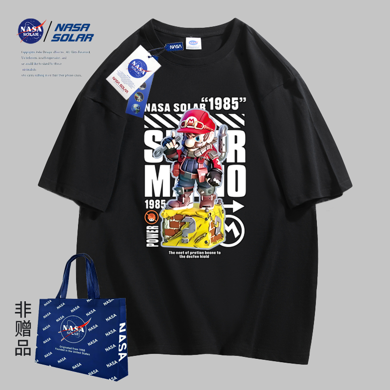 NASA联名款新款夏季青春流行卡通印花情侣男女同款休闲纯棉短袖潮