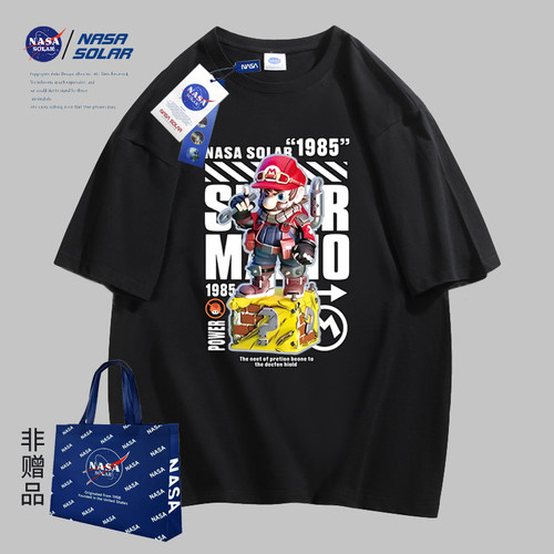 NASA联名款新款夏季青春流行卡通印花情侣男女同款休闲纯棉短袖潮