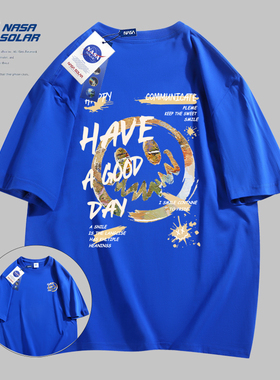 NASA SOLAR新款夏季卡通笑脸印花宽松短袖男纯棉T恤重磅t恤百搭潮