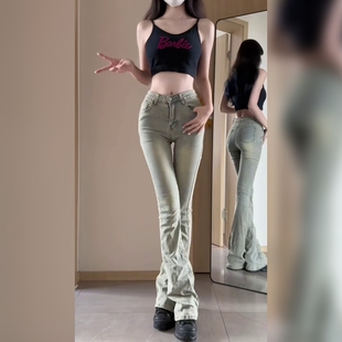 自然牛仔裤微喇裤常规版型修身显瘦显腿长新款女士休闲牛仔长裤