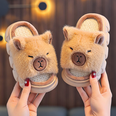 卡皮巴拉儿童棉拖鞋男童2025新款春秋季室内防滑居家亲子亚麻拖鞋