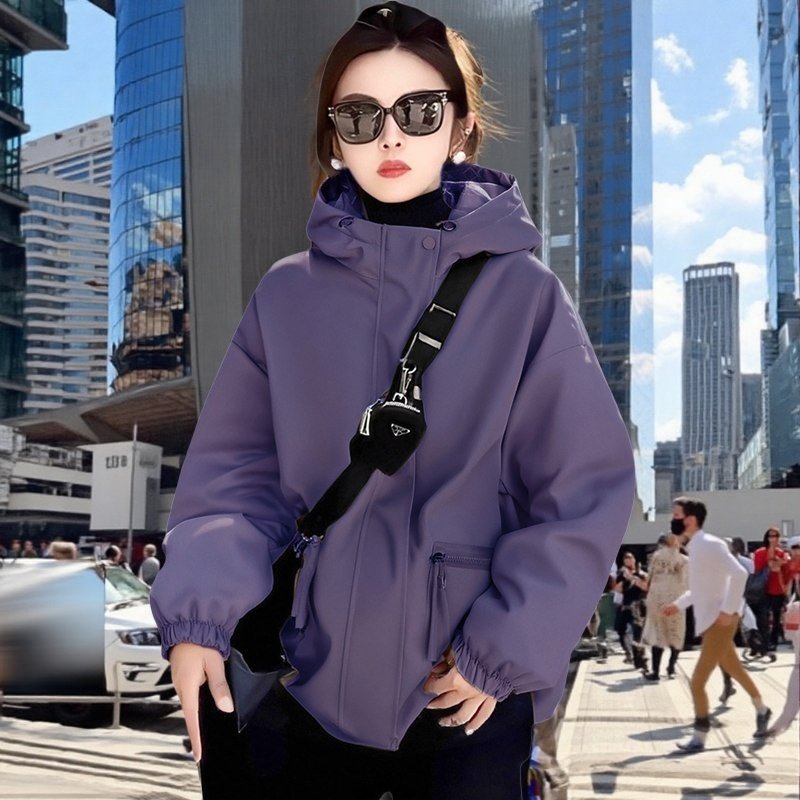 休闲宽松夹克棉衣紫色短款冲锋衣外套女春秋2025新款超火漂亮