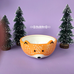 小狐狸 外贸手绘釉下彩陶瓷森林系可爱面碗沙拉碗儿童碗零食碗