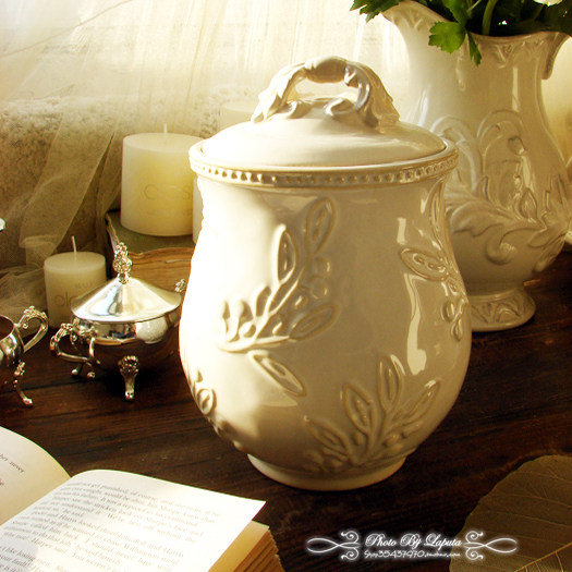 橄榄。外单外贸美式乡村地中海复古做旧浮雕陶瓷储物罐饼干点心罐