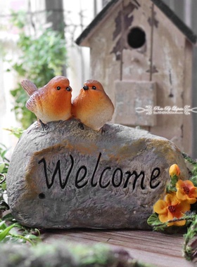 雀之灵。田园乡村森林系复古做旧树脂仿真小鸟摆件花园装饰欢迎牌