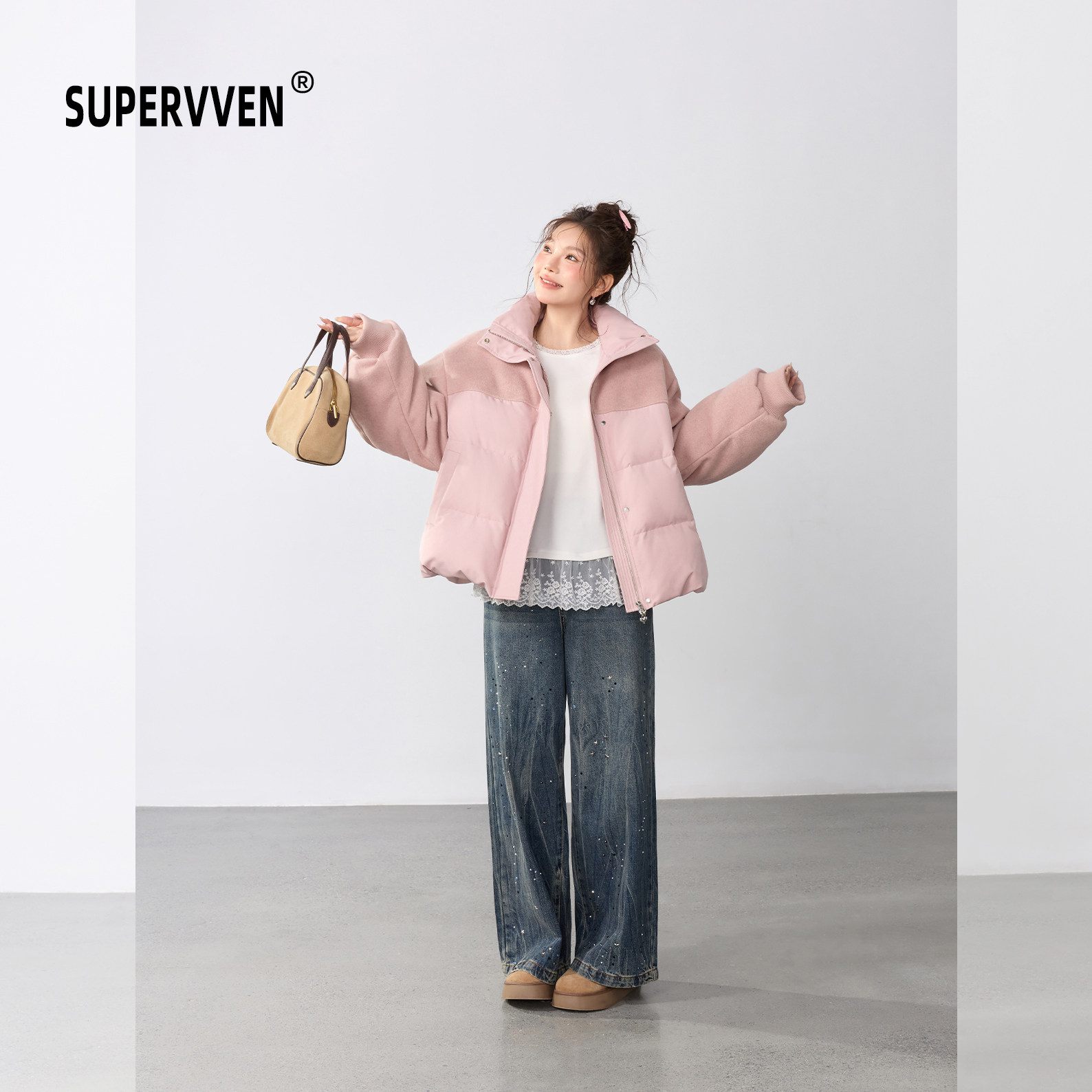 超级文 青枫叶赤羊毛呢拼接粉色羽绒服