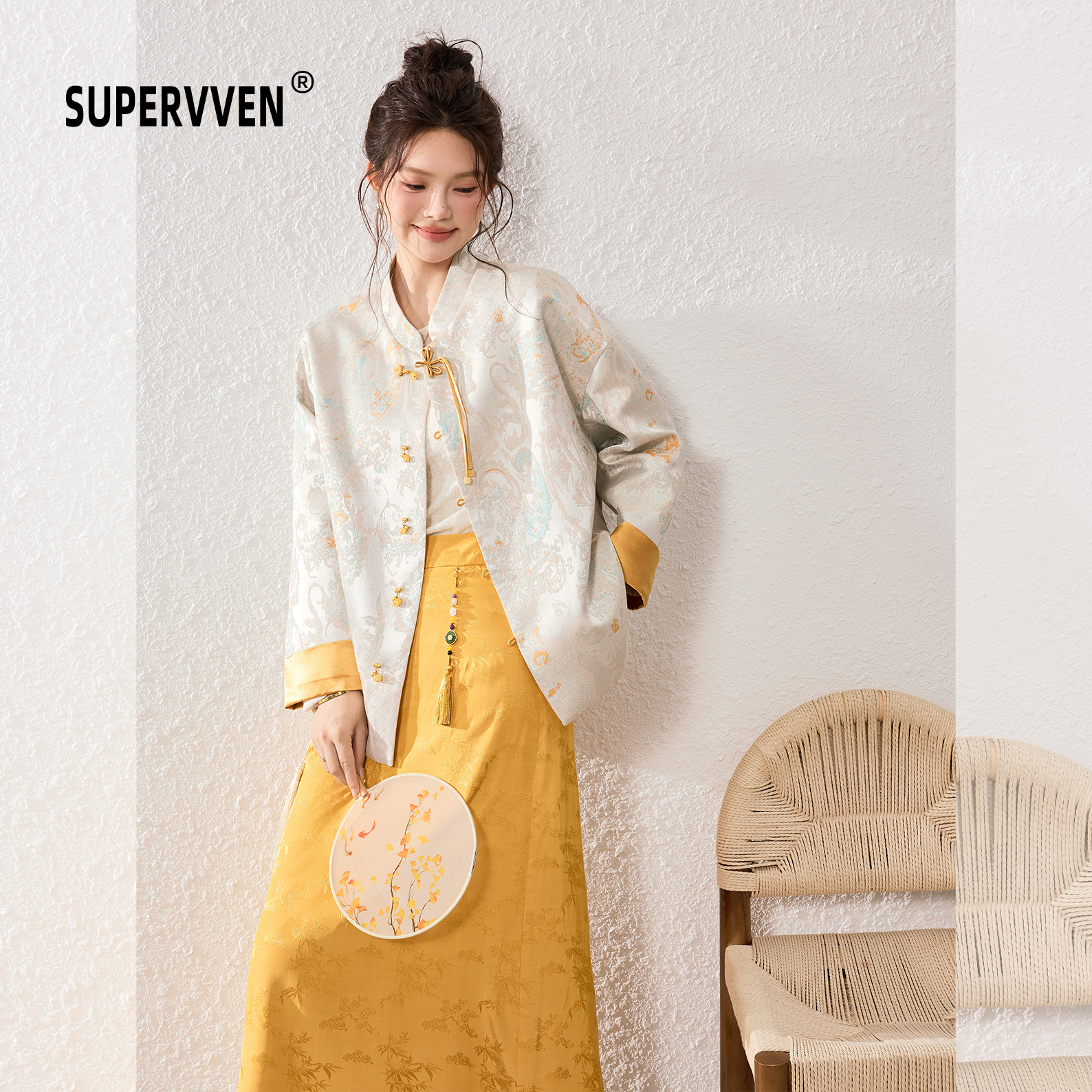 超级文 莺穿柳带新中式肌理提花国风外套/提花气质显瘦半身裙女