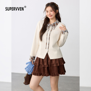 微胖大码 超级文 山红涧碧立体肌理格纹拼接系带减龄显瘦针织小衫