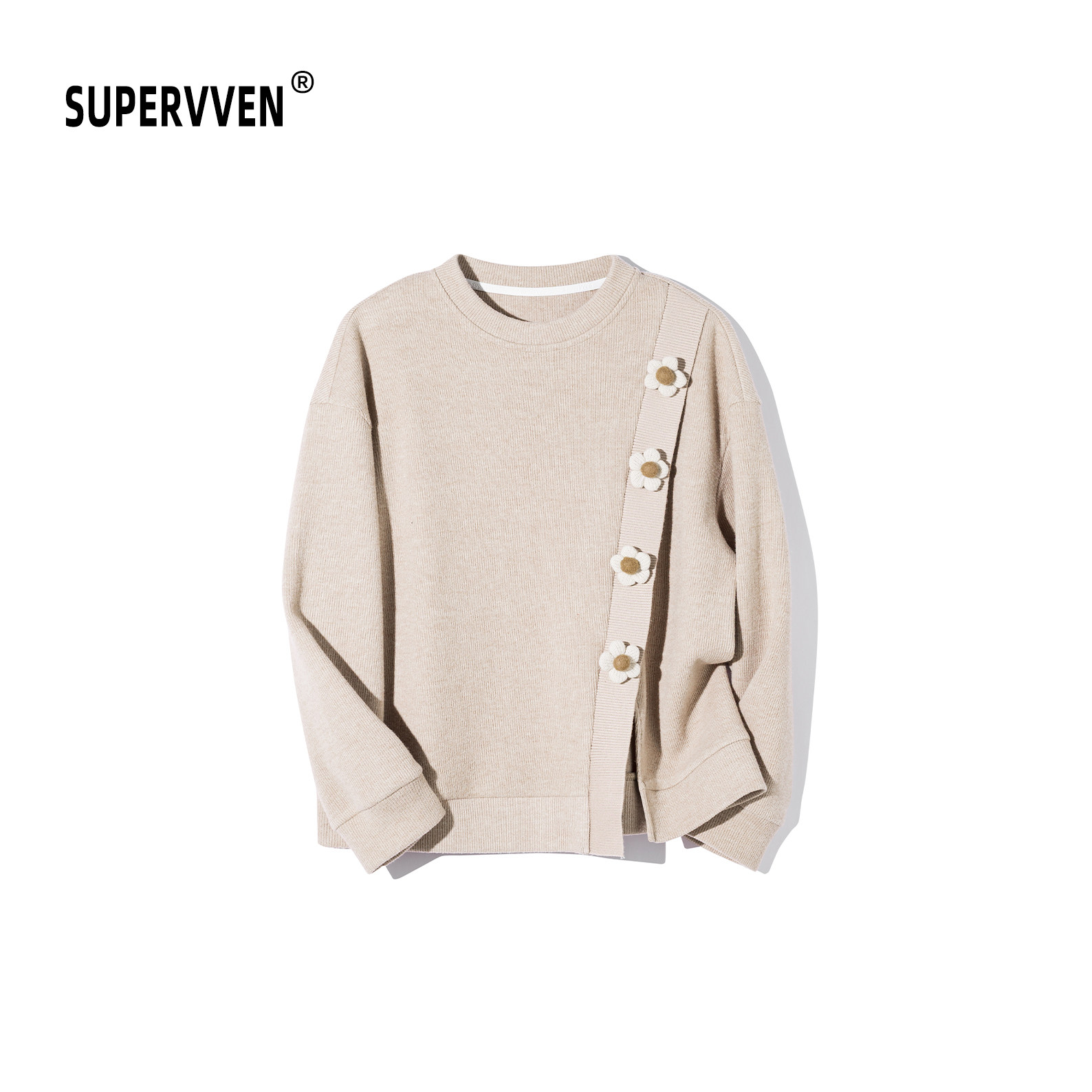 超级文 淡云阁雨立体花朵斜门襟加绒针织衫