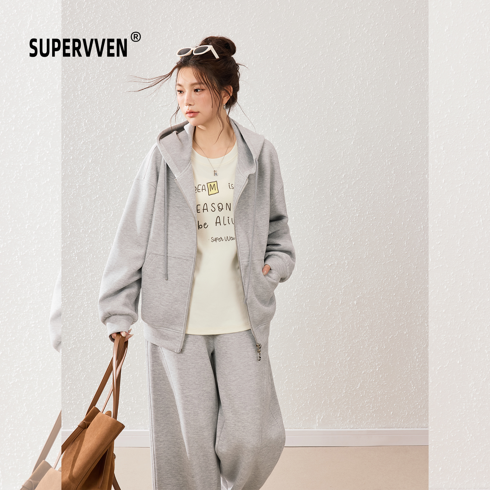 超级文 岩扉松径重磅廓型解构线连帽开衫卫衣外套/阔腿裤