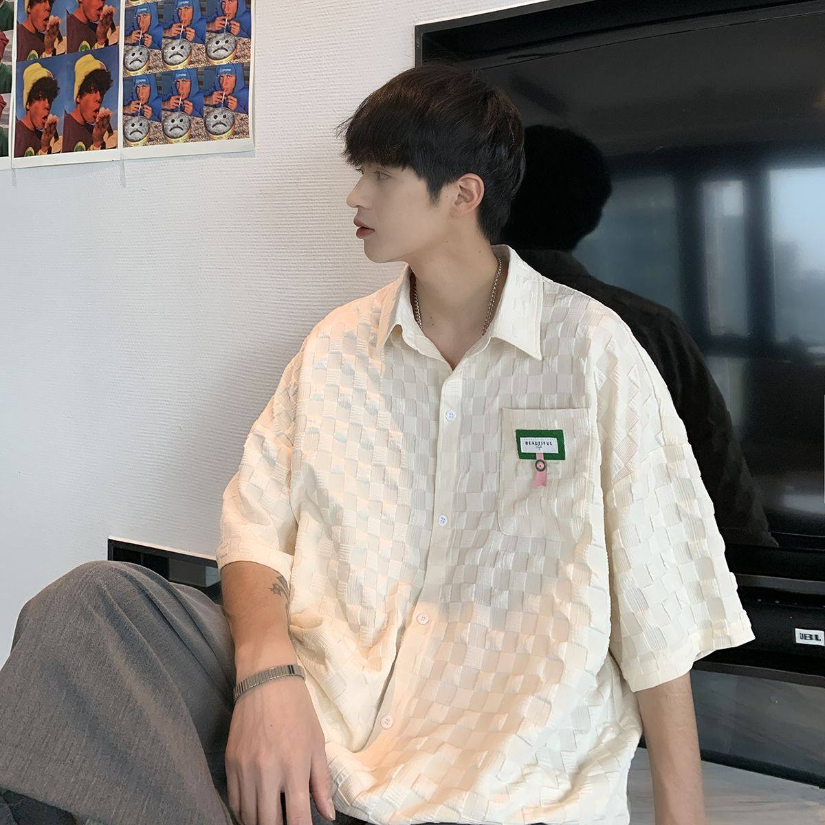 港风衬衫新立体华夫格短袖衬衫休闲衬衣CS016,男装衬衫,电商A132（原电商B245）