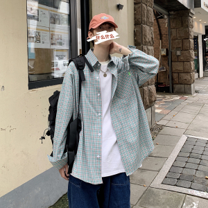 小格子衬衫男宽松小清新情~侣休闲纯棉衬衫CS03-P50图片
