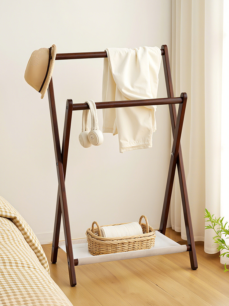 床边挂衣架小型落地衣帽架床尾折叠简易实木衣架床头晚上放衣神器