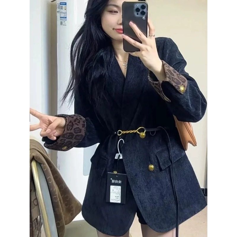 高级感黑色雪尼尔复古豹纹拼接西服外套女春秋冬夹棉气质西服个性