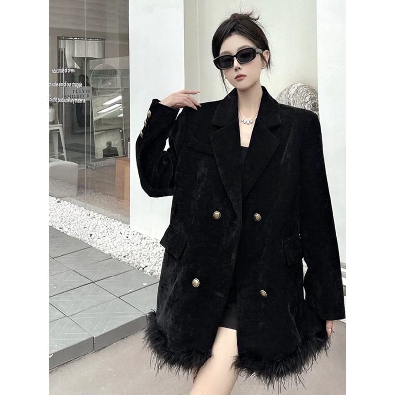 黑色雪尼尔西装外套女冬加棉加厚气质名媛高级感轻奢拼接毛毛西服