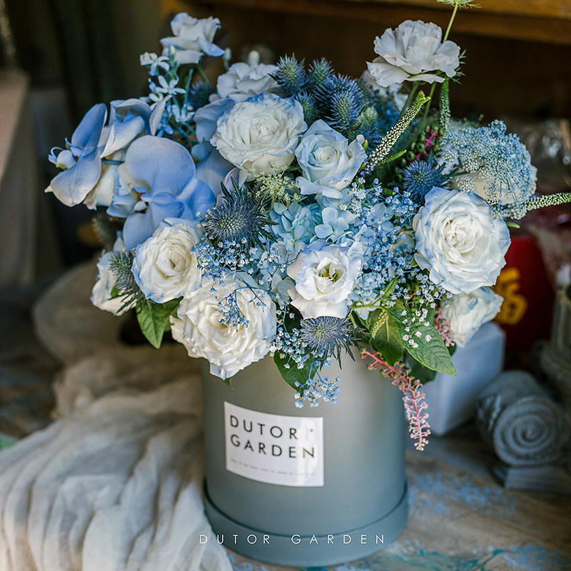 西安蓝绣球蝴蝶兰送朋友鲜花混搭花筒速递同城乔迁开业生日送花店