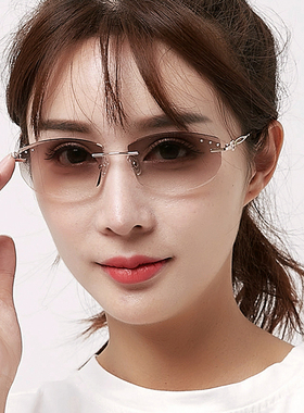 切边太阳镜镶钻无框遮阳墨镜多边形浅色树脂镜片女士司机驾驶2531