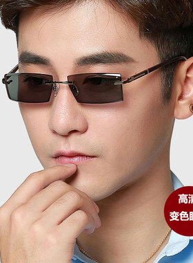 变色眼镜无框切边镶钻眼镜框架可配度数方形太阳镜墨镜男款58065