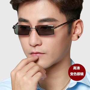 变色眼镜无框切边镶钻眼镜框架成品度数方形太阳镜墨镜男款58065