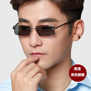 58065 变色眼镜无框切边镶钻眼镜框架可配度数方形太阳镜墨镜男款