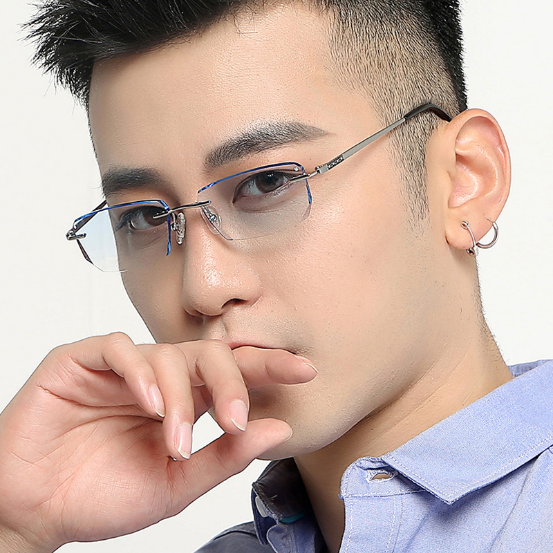 近视眼镜男纯钛合金眼镜框架钻石切边镶钻无框成品眼镜平光镜9143