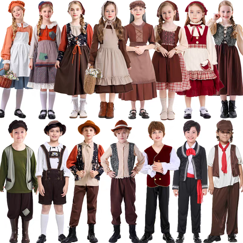 嗯喃呐男童女童平民欧洲丹麦中世纪童话故事农场话剧舞台演出服装
