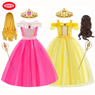 外贸迪士尼睡美人爱洛公主裙子女童贝尔连衣裙儿童生日礼服演出服