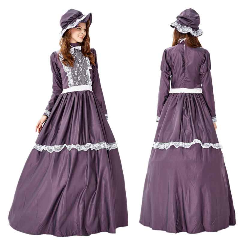 新款紫色中世纪复古宫廷服装 欧洲宫廷服装 化妆舞会派对长裙礼服