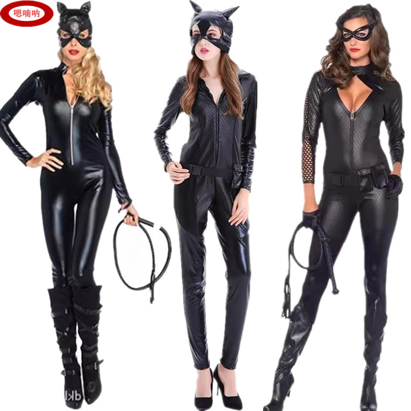 嗯喃呐连体衣成人女欧美万圣节漆皮性感紧身束身网格猫女郎服装