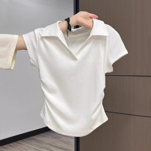 褶皱收腰V领设计感修身 2025新款 polo领上衣显瘦 T恤女夏季 正肩短袖