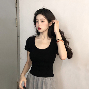 黑色t恤女短袖夏2026新款正肩纯棉U领小个子修身显瘦基础款上衣潮