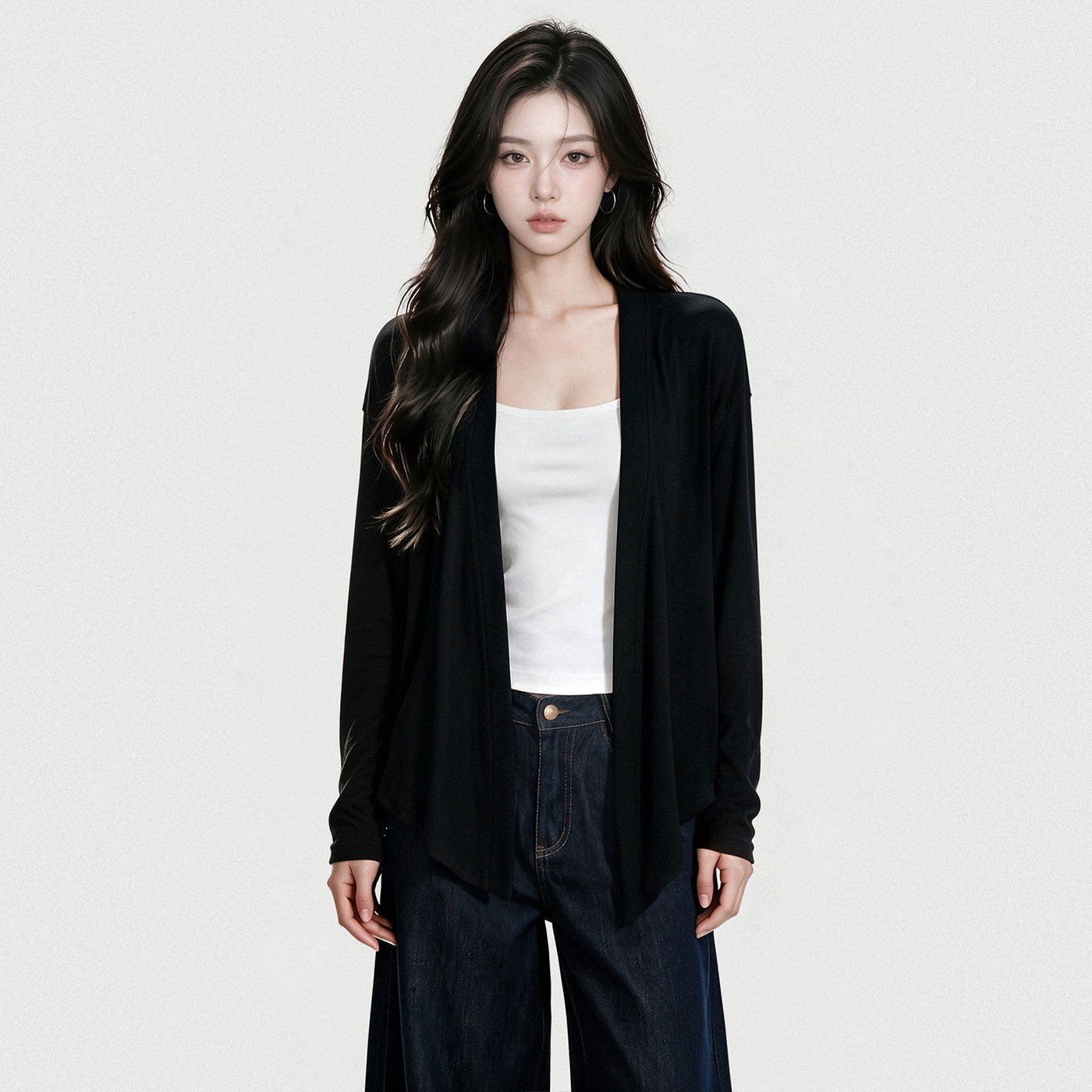 黑色薄款开衫外套女2026新款秋季宽松不规则慵懒中长款罩衫上衣女