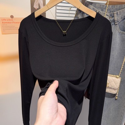 黑色U领打底衫女内搭修身上衣