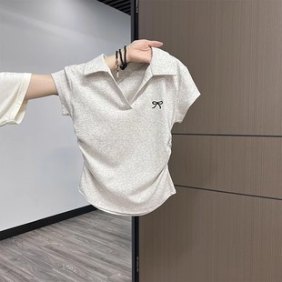 蝴蝶结刺绣正肩短袖 上衣 女T恤夏2025新款 POLO领褶皱收腰纯棉短款