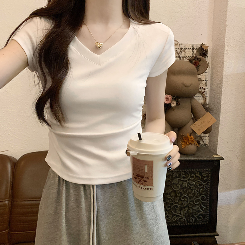 美式白色V领正肩短袖t恤女夏2025新款纯棉褶皱设计感小众修身上衣