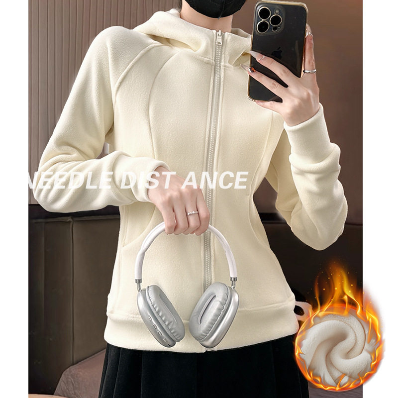 白色连帽卫衣女2025新款秋冬加绒加厚保暖上衣修身摇粒绒开衫外套