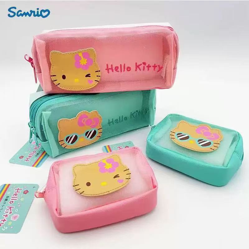 现货卡通黑皮系列hellokitty网纱化妆包女收纳包刺绣文具笔袋